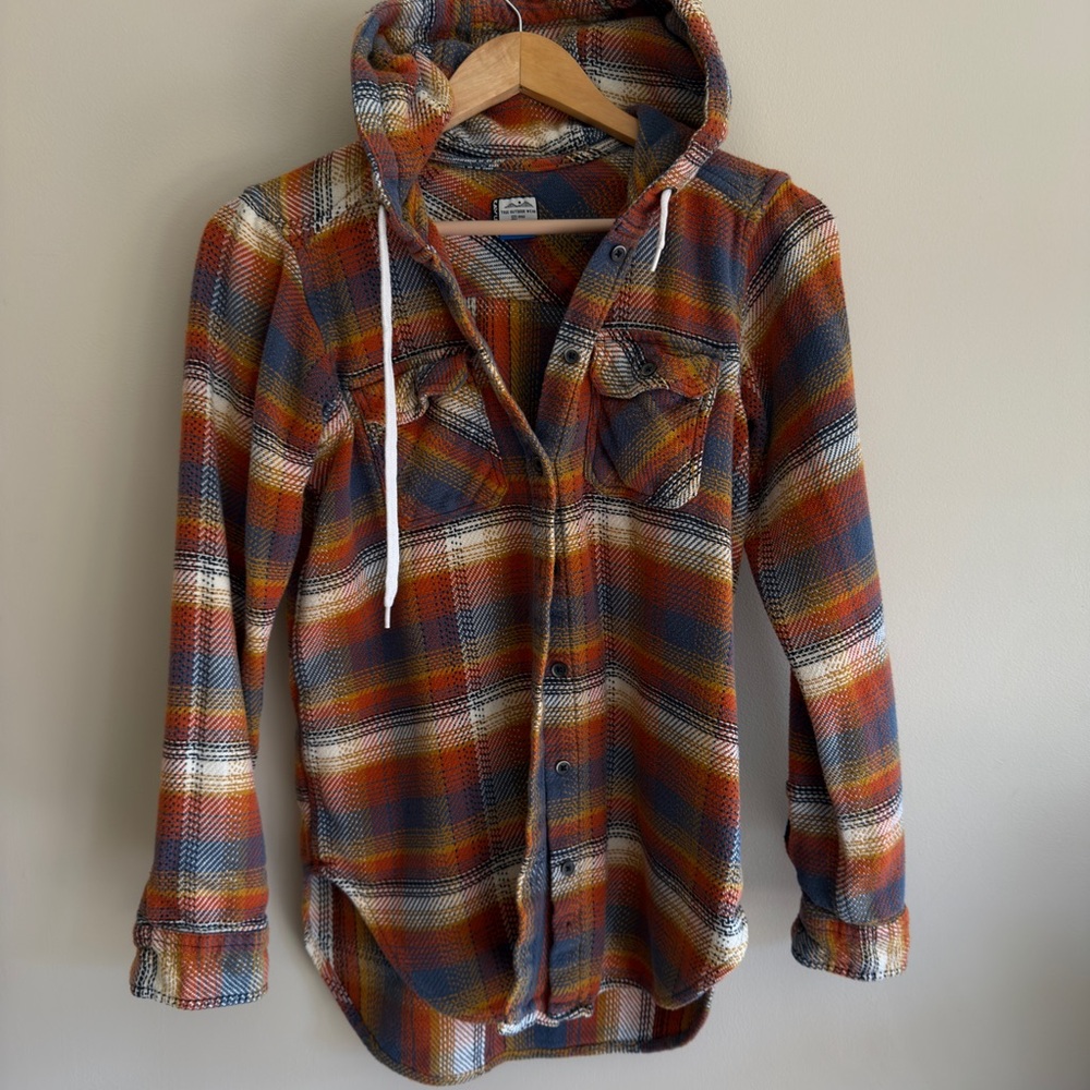 Kavu Hooded Plaid Button-Up Shirt in Rust, Blue, Cream